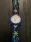Vintage Timex Time Teacher Kid’s Blue Case Floral Elastic Fabric Strap Watch