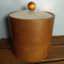 Vintage Erwyn Plastic Ice Bucket, Faux Brown Leather, Lid