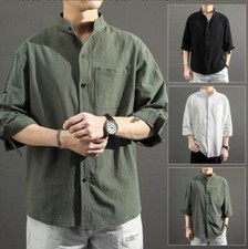 Men's Cotton Linen Stand Collar Shirt Tops Tang Suit Martial Art Tai Chi T-shirt
