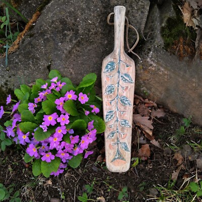 Old Handcrafted Wooden Paddle with Carved Floral Design ,Wooden Washing Bat