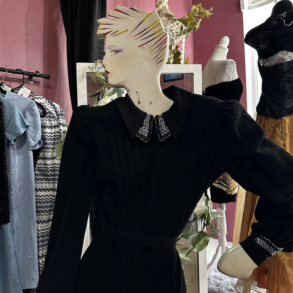 Vestido Art Deco Vintage Anos 30 Preto Lã Frisado Coquetel Veronique de Paris P/M - Imagem 3 de 4