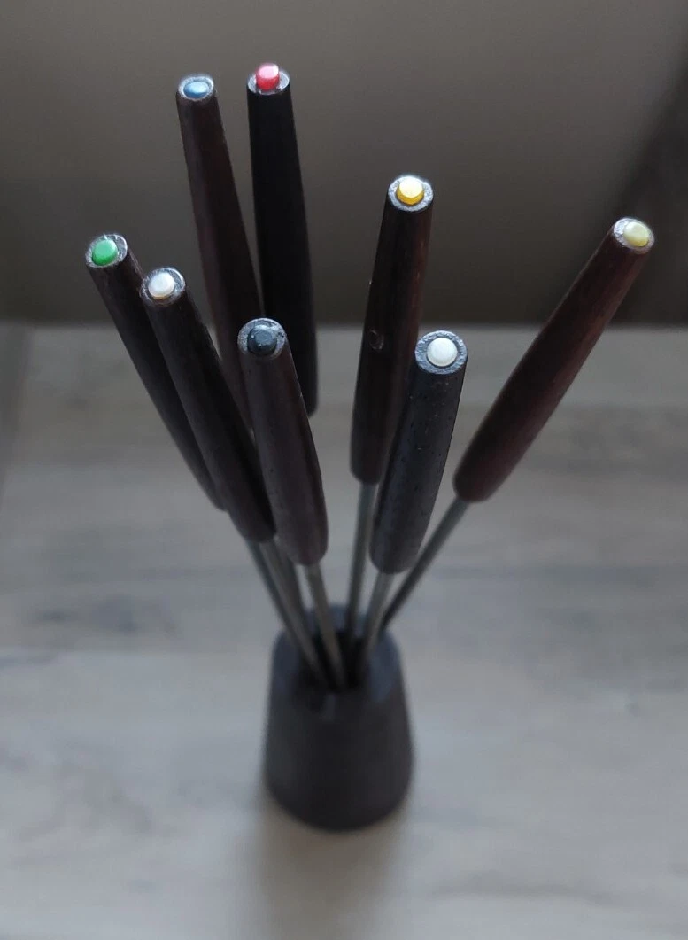 VTG LOT 8 FONDUE FORKS TEAK WOOD HANDLES COLOR BUTTONS STAINLESS STEEL W/ HOLDER