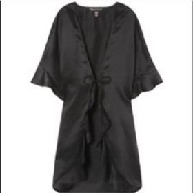 Victoria Secret Robe One Size Sexy Solid Black Ruffle Trim Tie Lingerie Kimono