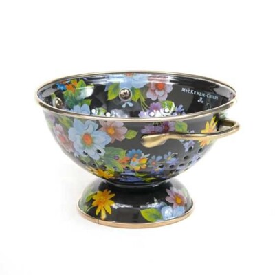 MacKenzie Childs Colander Flower Market  Enamel Small Strainer 8x3.75  Black NEW