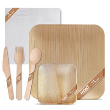FOOGO Green Disposable Palm Leaf Plates, Wooden Cutlery Set and Paper Napkins