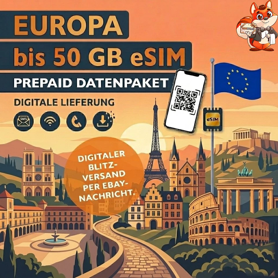 eSIM Europa Prepaid SIM Karte 1-50GB 4G 5G LTE 32 Länder Reise QR Sofort Versand - Bild 1 von 4