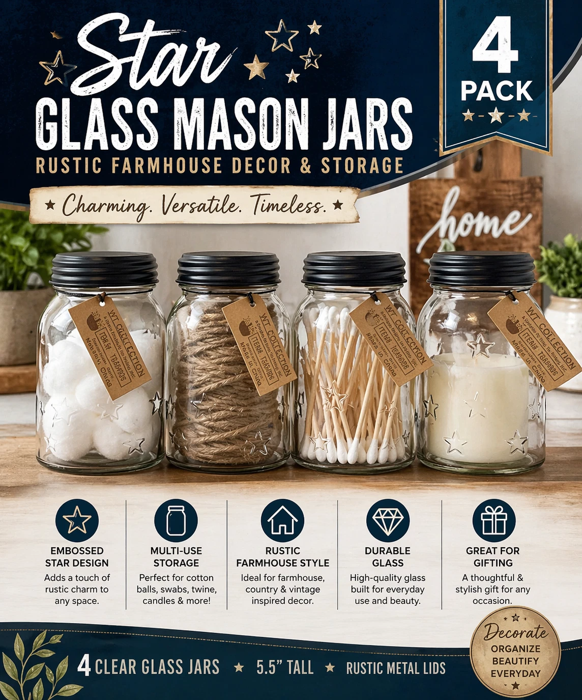 Star Glass Mason Jars 5.5” Clear Rustic Farmhouse Decor Multi-use Storage 4-Pack