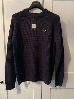 Threadbare Herren Pullover XL Navy Acryl Wolle Waffelmuster Rundhals Langarm