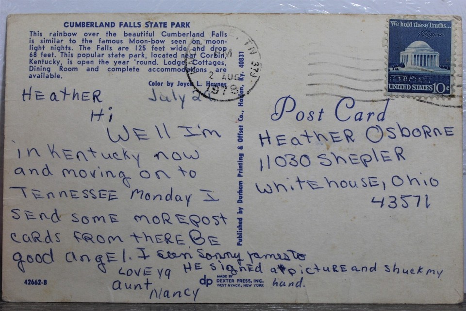 Kentucky KY Corbin Cumberland Falls State Park Postcard Old Vintage ...