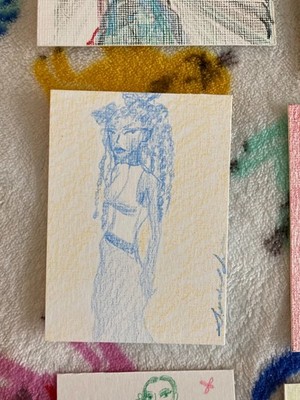 ACEO original art pose fashion peach & blue sketch by sydsfineart 2.5x3.5