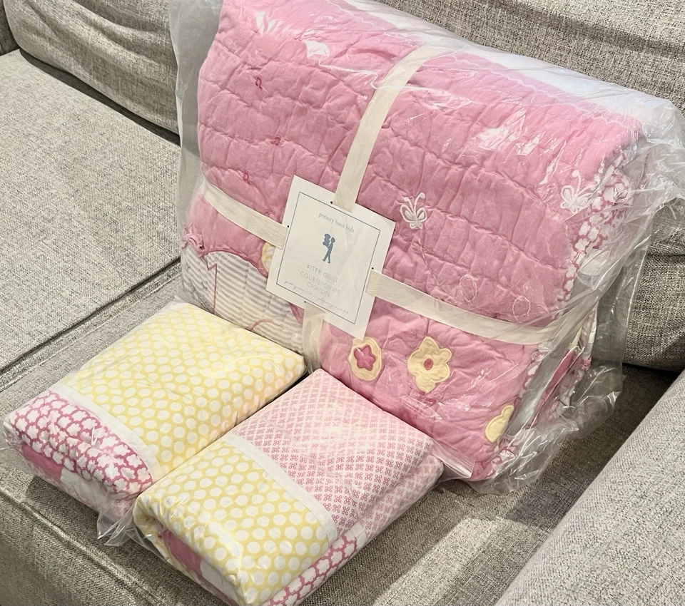 NUEVO Edredón Completo/Reina Pottery Barn Niños Niña Gatito Gato y Euro Shams, Rosa/Gris Foto 3 de 4