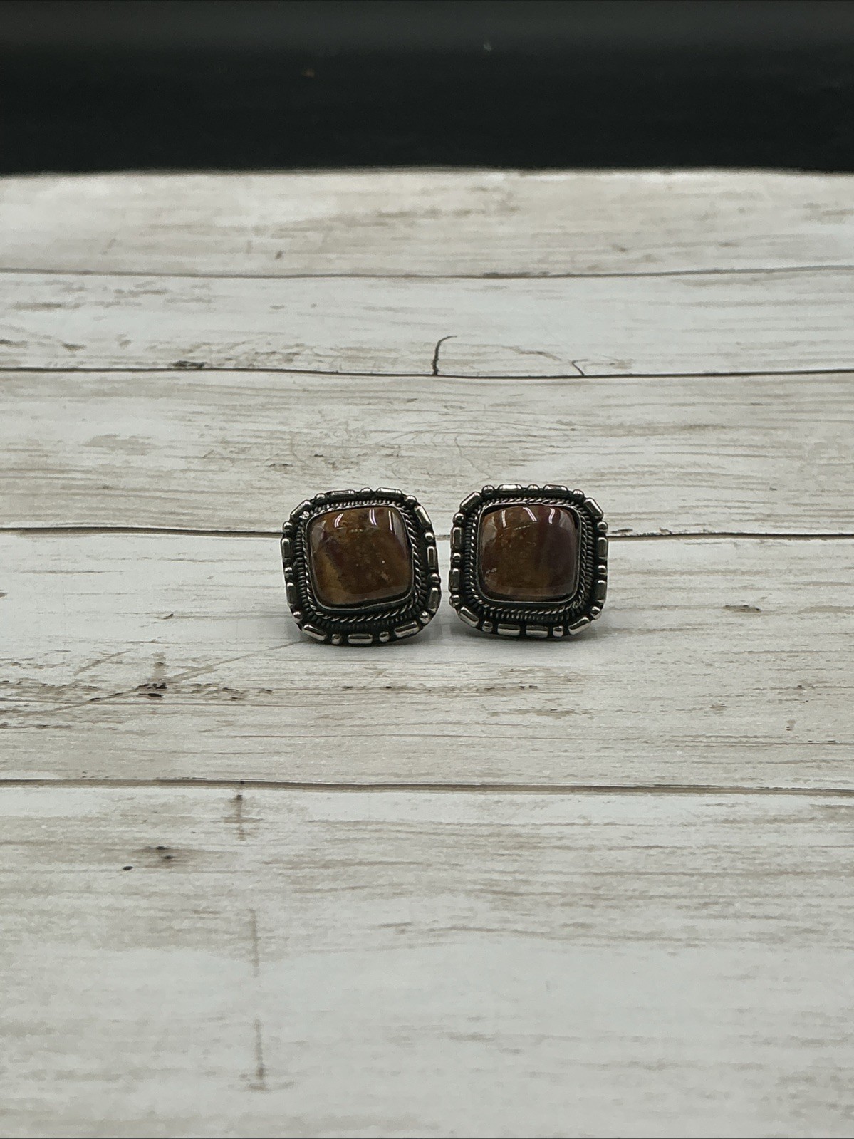 Vintage Silver Tone Polani Square Amber Cabochon Clip-On Stud Earrings