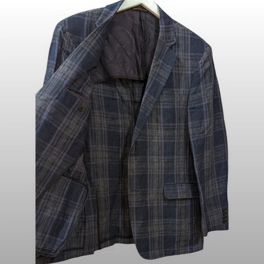 Blazer masculino Robert Talbott Carmel 41R xadrez azul/roxo 100% linho dois botões - Imagem 4 de 4