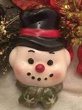 Snowman Head Christmas Ornament Ceramic Top Hat Scarf 4" Holiday Decor Cutie