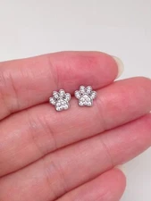 925 Sterling Silver Cz Paw Print Stud Earrings Tiny Dainty Studs 7mm