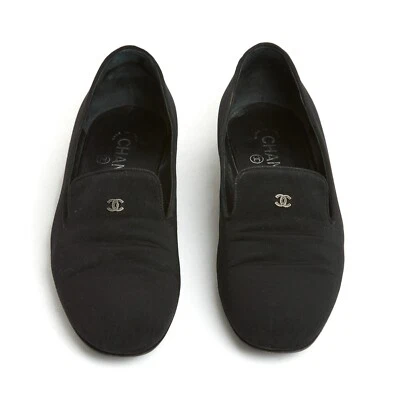 Chanel Mocassins Noir EU38 Black Silk Ottoman Loafers Flat Shoes UK5 US7.5 box - Photo 1/4