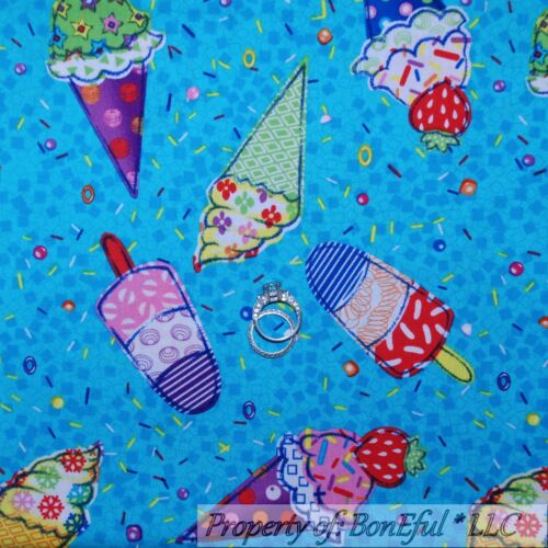 BonEful FABRIC Cotton Quilt Blue Pink Ice Cream Birthday Girl American USA SCRAP