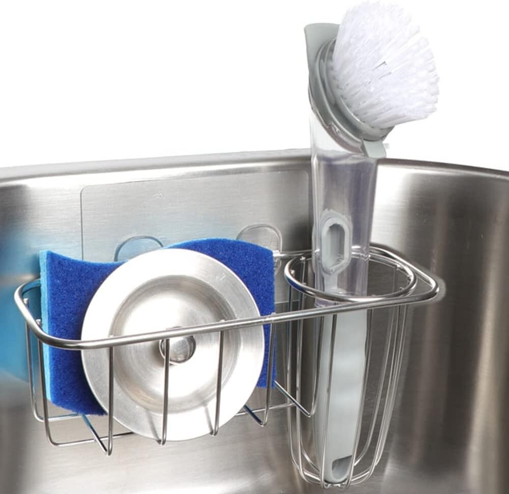 3-in-1 Stainless Steel Kitchen Sink Sponge Holder with Dish Brush Caddy for Organized Cleaning-image