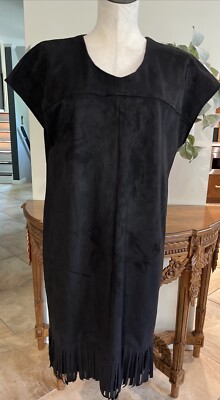 Chicos Women 0 Black Faux Suede Fringe Hem Short Sleeve Shift Dress NN |  eBay