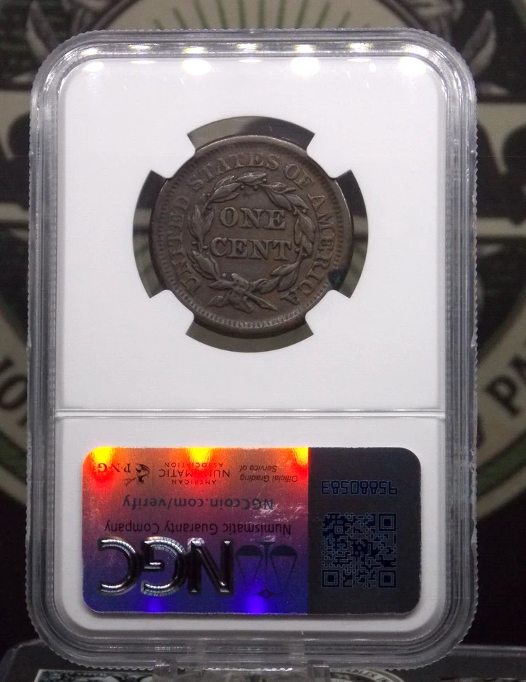1855 Braided Hair Large Cent *UPRIGHT 55* 1c NGC AU Details #045 About Unc ECC&C - Image 4 of 4