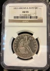 1853 ARROWS & RAYS Seated Liberty Half Dollar 50C NGC AU 55 blast white beauty!