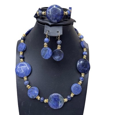 Stauer Blue Sodalite Gemstone Jewelry Set Necklace Bracelet Earrings Gold Accent