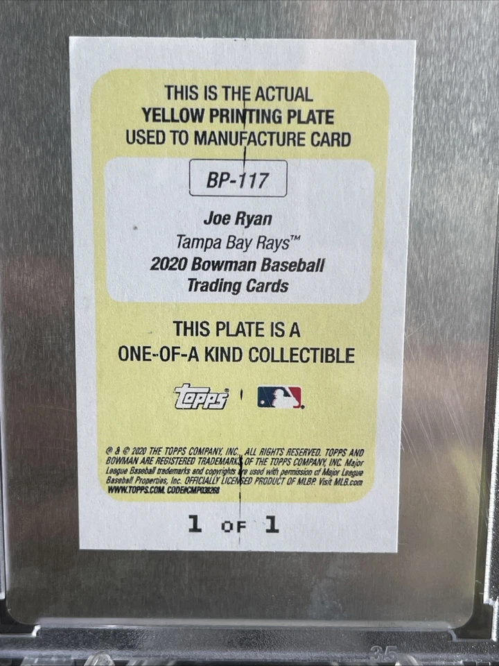 2020 Bowman Joe Ryan #BP-117 TWINS YELLOW PRINTING PLATE 1/1 1st BOWMAN - Image 4 of 4
