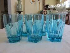 Set of 6 Vintage MCM Hazel Atlas CAPRI GOTHIC Blue Flat Tumbler Glasses 4 1/4"