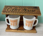 HERSHEY PARK Anchor Hocking Milk Glass Mugs Wood Coffee House Chip Dutch Violet