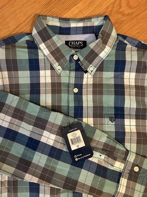 Mens Chaps Easy Care Stretch Green Plaid LS Button Down Shirt Size XL NWT