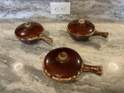 3  VTG Hull Pottery Brown Drip Glaze Handle Bowl W/ Lid Oven Proof USA Soup