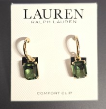 RALPH LAUREN GOLD TONE GREEN EMERALD CRYSTAL COMFORT CLIP HUGGIE EARRINGS