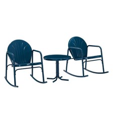 Crosley Furniture Griffith 3 Piece Metal Outdoor Rocking Chair Set in Navy Gloss