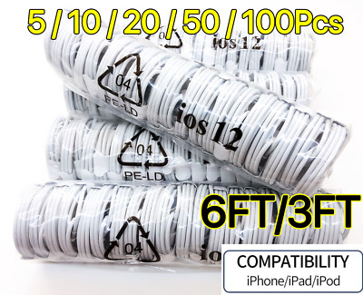 5-100 Pack 3FT 6FT USB Charger Cable Lot For iPhone 12 11 XR 8 7 6 Charging Cord