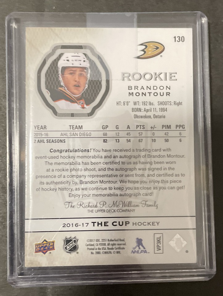16-17 UD The Cup /24 Brandon Montour #130 RPA GOLD ROOK Patch Auto ONLY ...