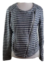 Lou & Grey Women Jacket Asymmetric Zip Moto Blazer Striped Blue Small Textured