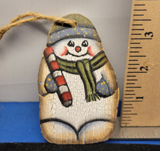 Snowman Ornament Wooden Hand Painted w Crackle Paint 4in 361