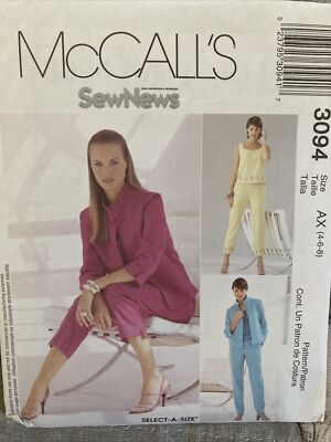 McCalls Pattern 3094 Misses Jacket, Top & Pants in  2 lengths Size 4-6-8 NEW