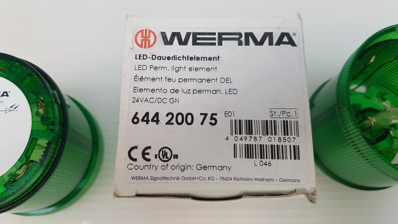WERMA box label: LED permanent light element 24VAC/DC GN, 644 200 75, country of origin Germany