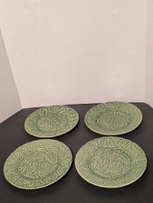4 Vintage Bordallo Pinheiro Majolica Green Fruits 8" Plates Portugal