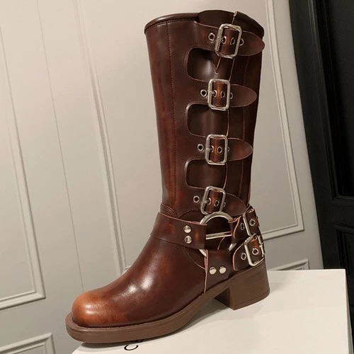 Retro Runway Women's Knee High Boots 4.5cm Chunky Block Heels Motorcycle Western - Picture 25 of 26