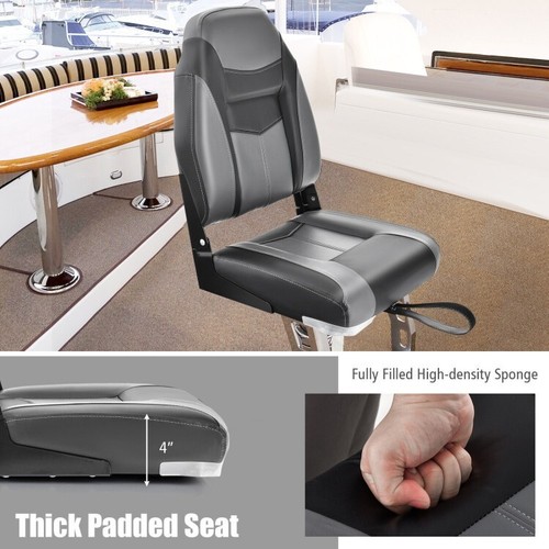 High Back Folding Fishing Boat Seats Black Grey Sponge Cushion W/Flexible Hinges - Picture 7 of 10