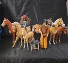 Vintage Louis Marx 6 Horse Lot, 5 Saddles, 3 Set Of Riens And 2 Misc. Dolls.