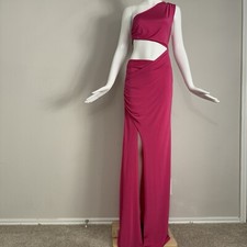 CAMEO Asymmetric One Shoulder Sexy Hot Pink Dress, Slit Hem Ruched Side Size M