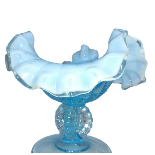 Vintage opalisierend Kompott blau Glasschale Perlen 4 Fuß Süßigkeiten Standfuß gekräuselt 5" - Bild 5 von 11
