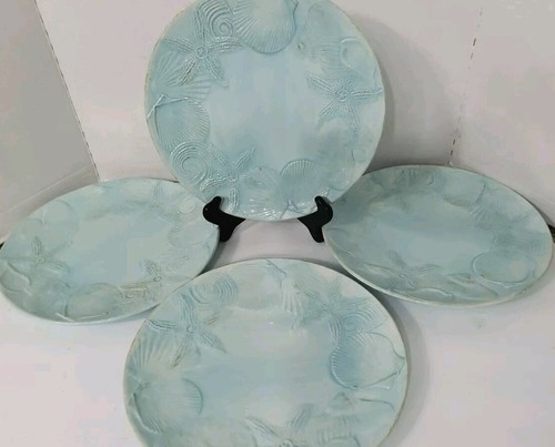 Set of 4 Blue Sky Seashell Menagerie Aqua/Tan Dinner Plates 11" 2007 Beach