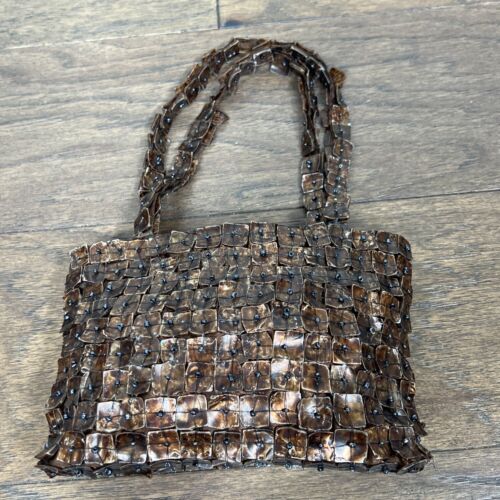 VINTAGE K & K TABLE TOP Beaded and Shell Mini Handbag Copper Brown OS