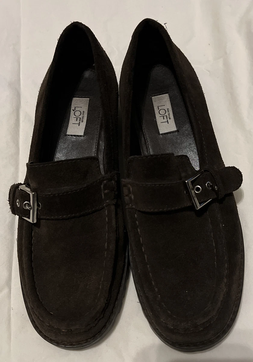 Ann Taylor Loft Brown Leather Suede Loafers With Buckle Shoes 8M Made in Brazil