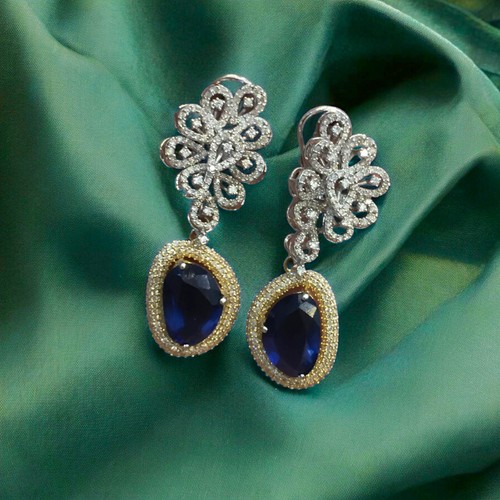 Pave 2.98 Cts Round Brilliant F/VS1 Diamonds Dangle Earrings 14K Two-Tone Gold - Picture 3 of 5
