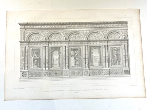 1858 Antique Architectural engraving print MARQUETRY SANTA MARIA ORGANO VERONA